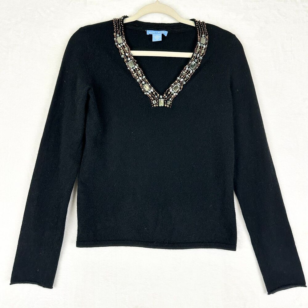 White + Warren Embellished V-Neck Cashmere Sweater Size Medium Black Beaded